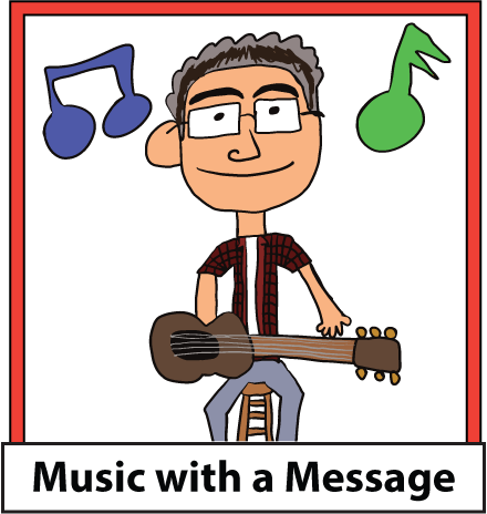 A cartoon drawing of Mark Cutler holding a guitar. The words, "Music with a Message" are written below the drawing.
